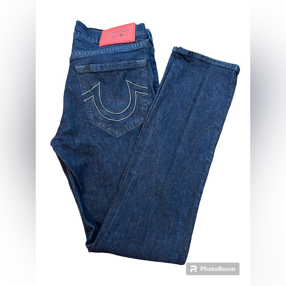 True Religion Manchester Dk Blue Mens Jeans with red label, Size 32, inseam 33”